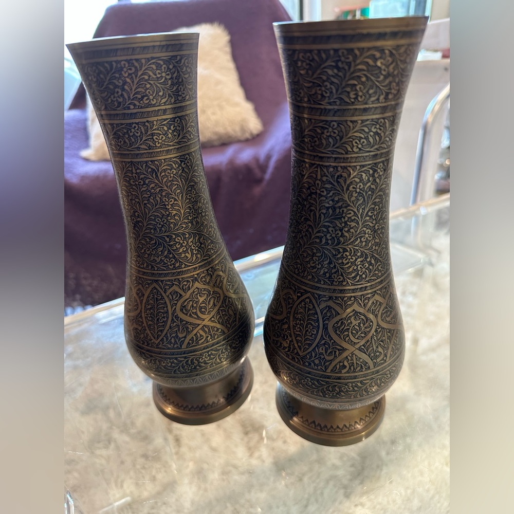 2 Black & Gold Etched Brass Vase India Metal Flower Home Decor Interior